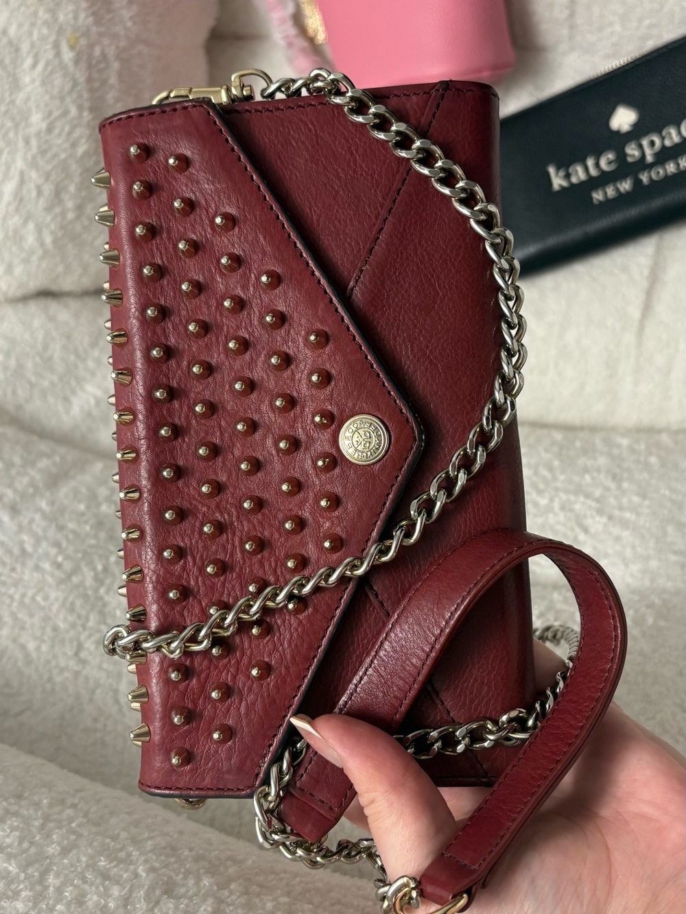 REBECCA MINKOFF Burgundy Studded Leather Envelope Crossbody Bag